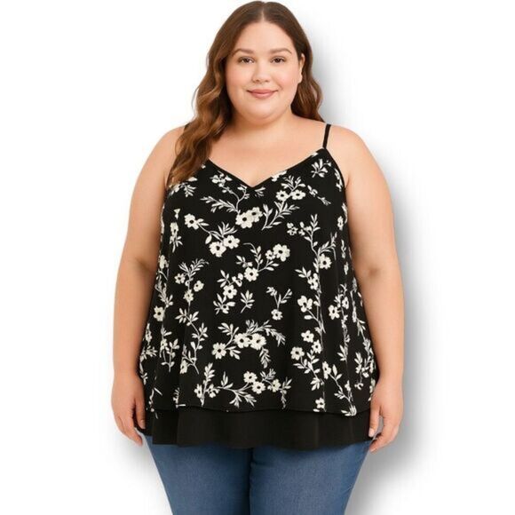 Torrid 2X Black White Floral V-Neck Tiered Strappy Camisole Sleeveless Flowy Top - Picture 1 of 9